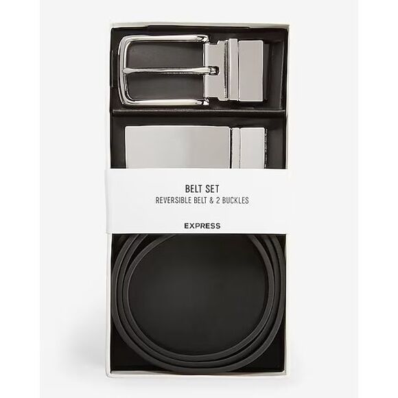 EXPRESS men reversible belt & 2 buckle set 30/32 black brown NEW - Picture 1 of 9